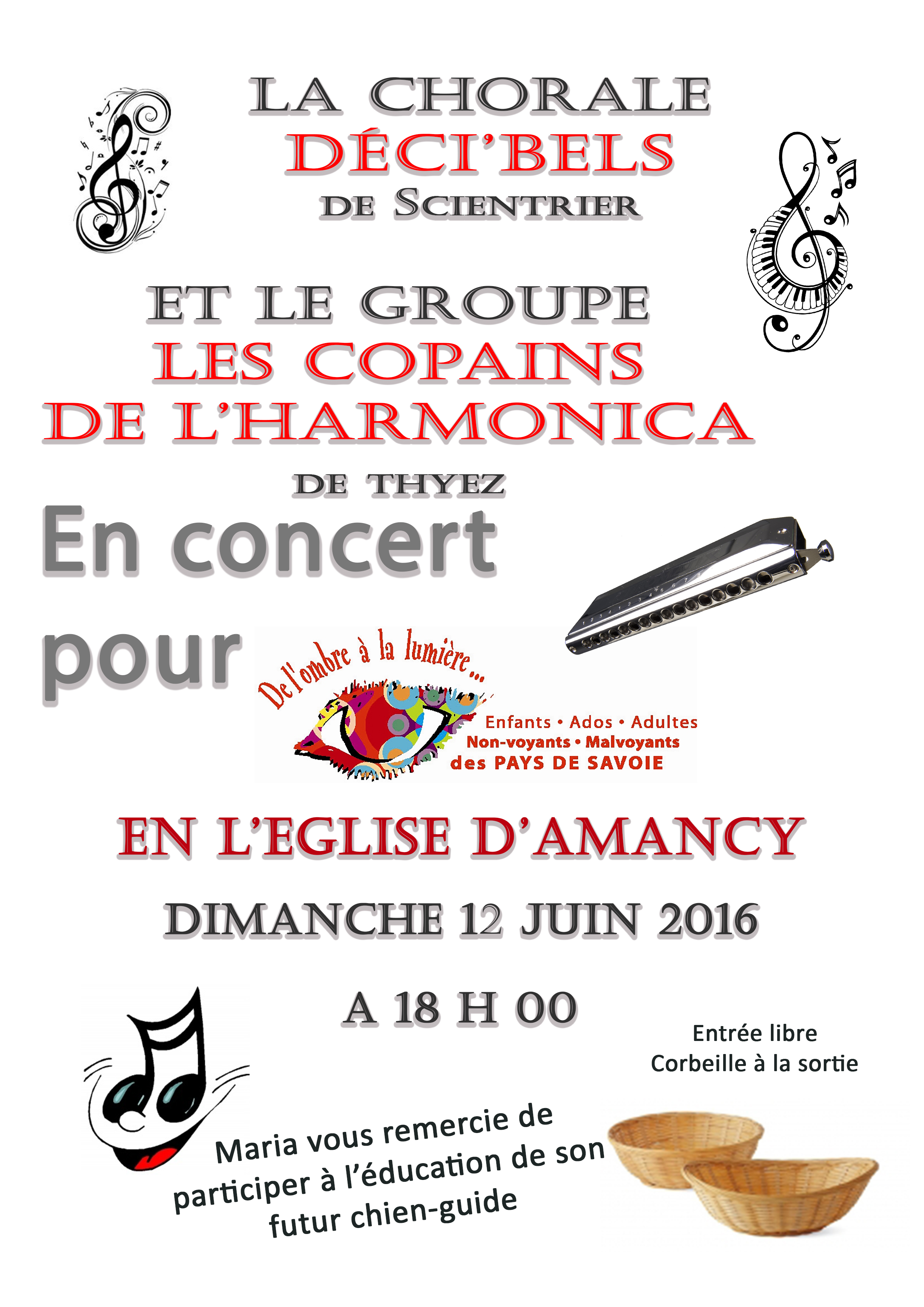 Affiche du concert donné par la chorale Déc'Bels et le groupe les copains de l'harmonica