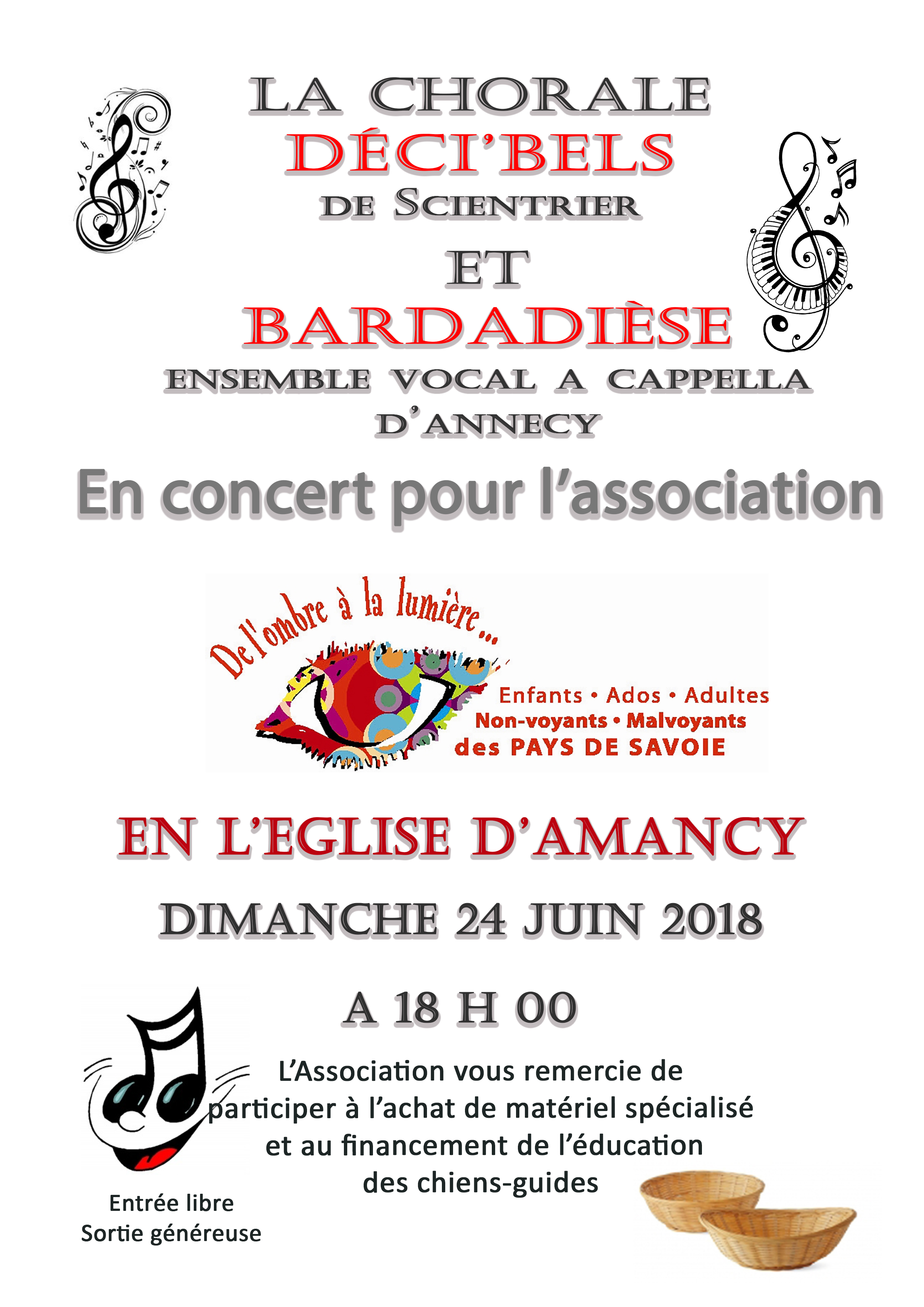 Affiche du concert de la chorale Déci'Bels de Scientrier avec le groupe vocal Bardadièse d'Annecy