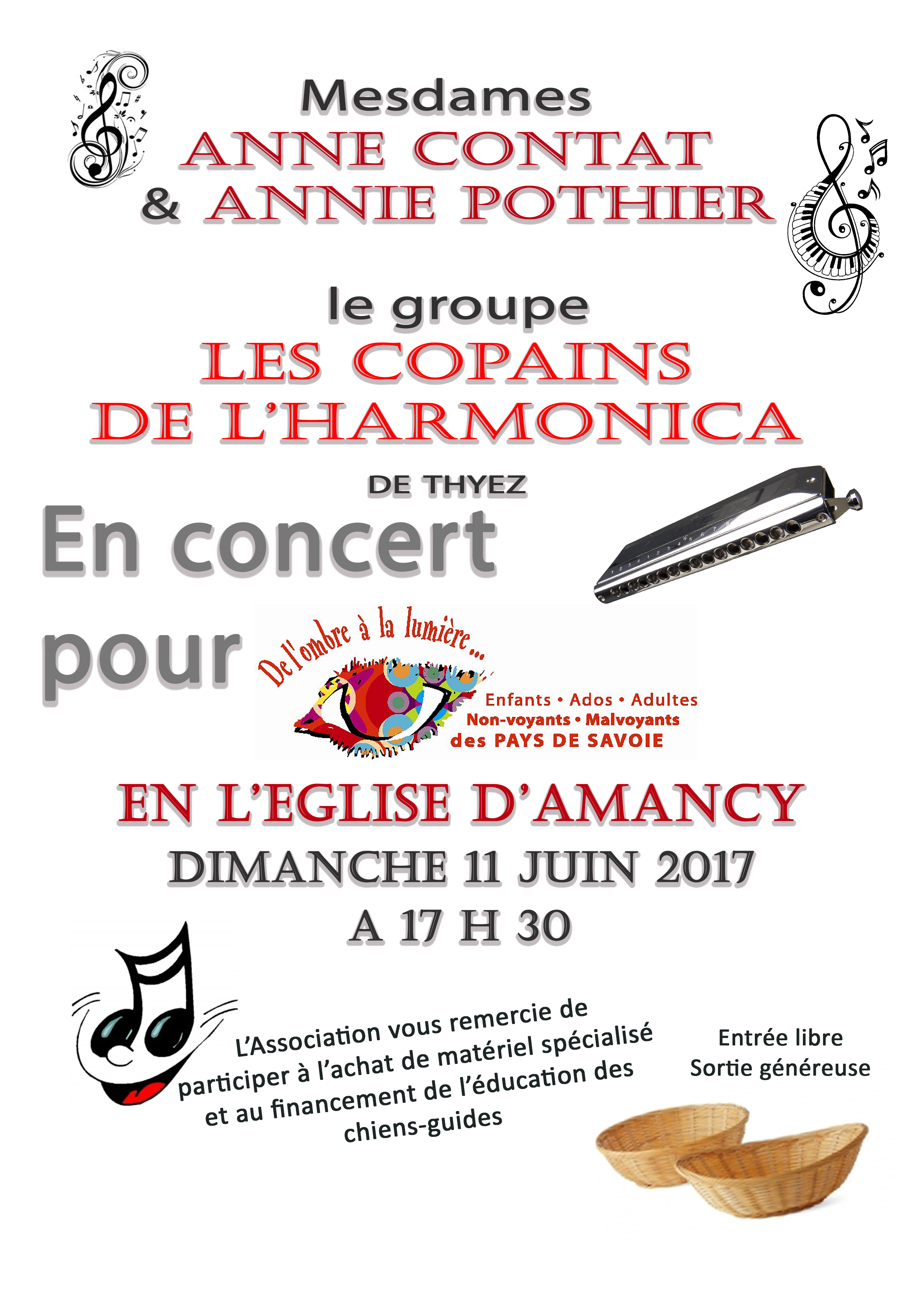 Affiche du concert du 11 juin 2017 avec anne contat, annie pothier et les harmonicistes de thyez