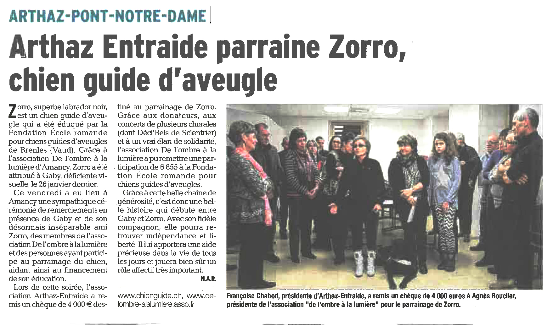 Article de presse du Dauphiné Libéré sur le parrainage de Zorro par Arthaz Entraide